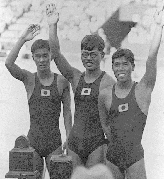 Masaji Kiyokawa, Toshio Irie och Kentaro Kawatsu vid OS i Los Angeles 1932.