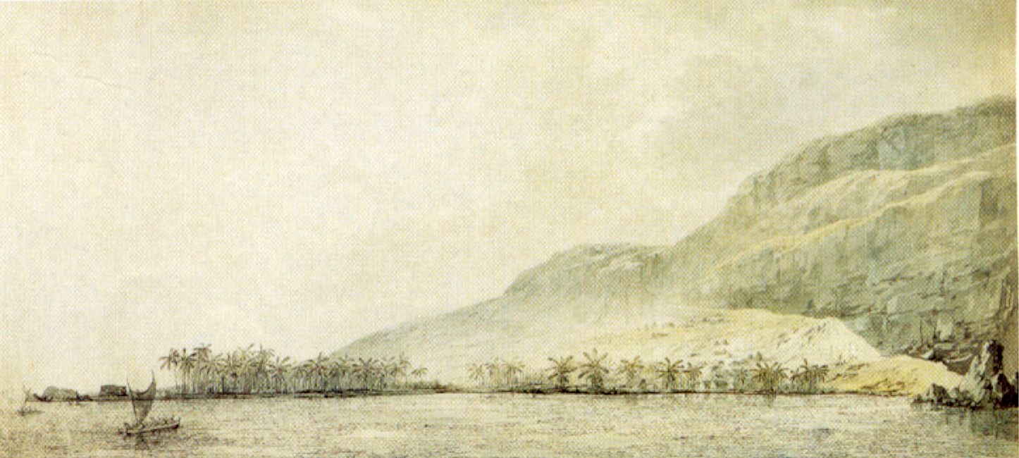 Avståndet mellan européernas skepp och polynesiernas öar mätte den symboliska barriär mellan två världar som kunde, eller inte kunde, överbryggas. Kaʻawaloa, där James Cook dödades, målat 1779 av Cooks fartygskonstnär John Webber.