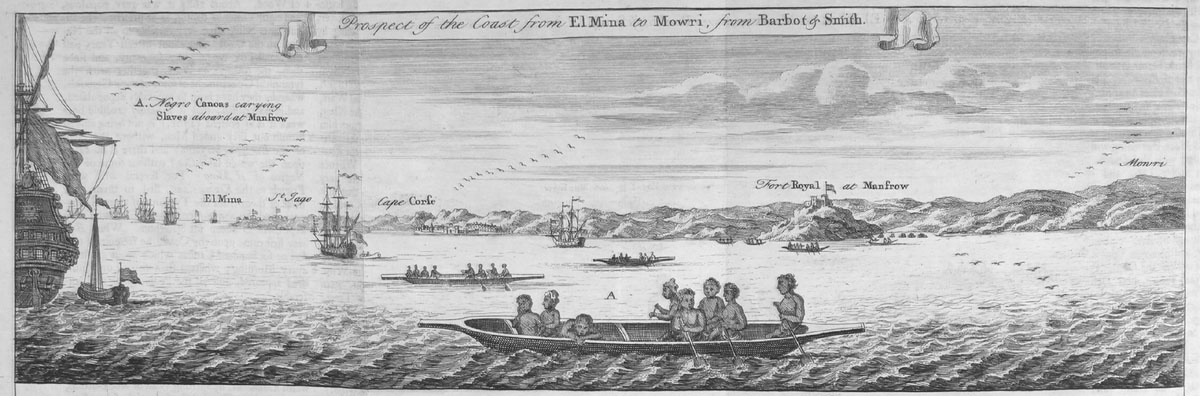 Den franske slavhandlaren Jean Barbot var en av dem som lade märke till att akanfolket vid Elmina inte bara simmade bättre än européerna, utan också med en annan teknik. Teckning utifrån Barbos beskrivning i A New General Collection of Voyages and Travels, 1745-47.