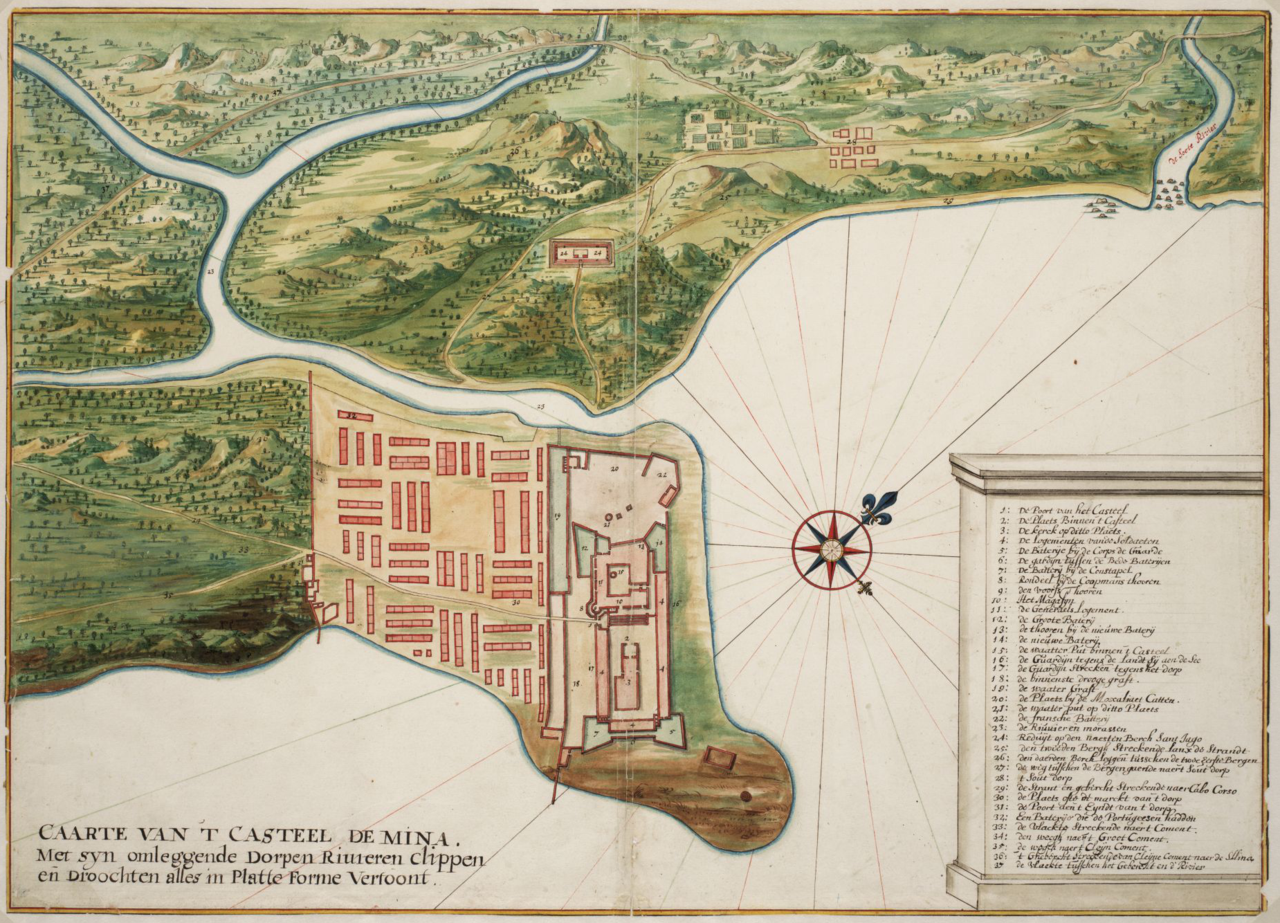 Portugiserna hade 1482 byggt fortet Elmina på Guldkusten, den första permanenta portugisiska handelsstationen utanför Nordafrika. Karta över Elmina av Johannes Vingboons från 1665.