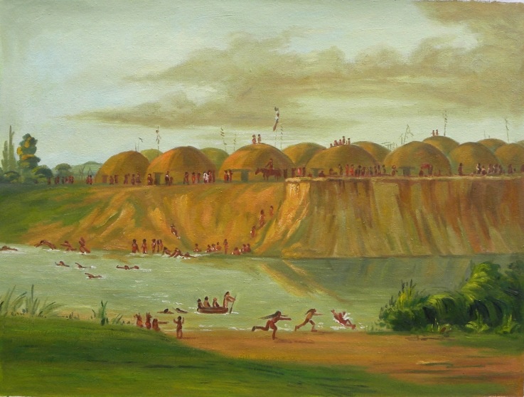 En hidatsaby vid Knife River, målning av George Catlin.