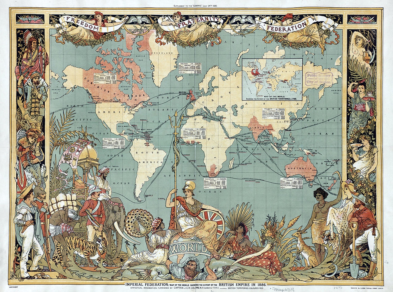 Mellan 1815 och 1914 blev gigantiska arealer och ytterligare 400 miljoner människor del av det brittiska imperiet. Karta från 1886.