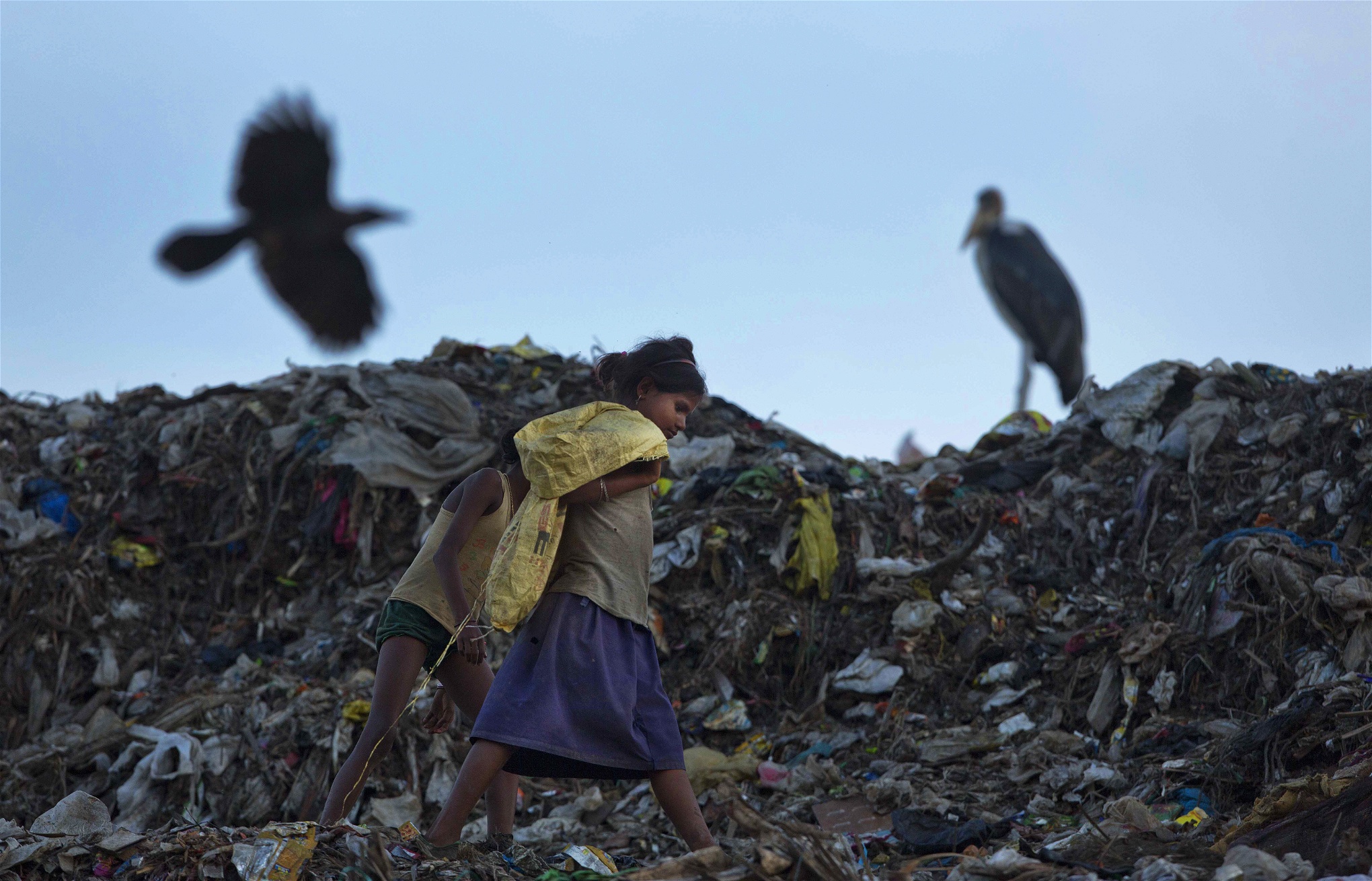 ”Vilket samhälle är det som ska bli hållbart? Det rådande?” Barn leter efter återan­vänd­ningsbart material på en soptipp utanför Gauhati i östra Indien. 