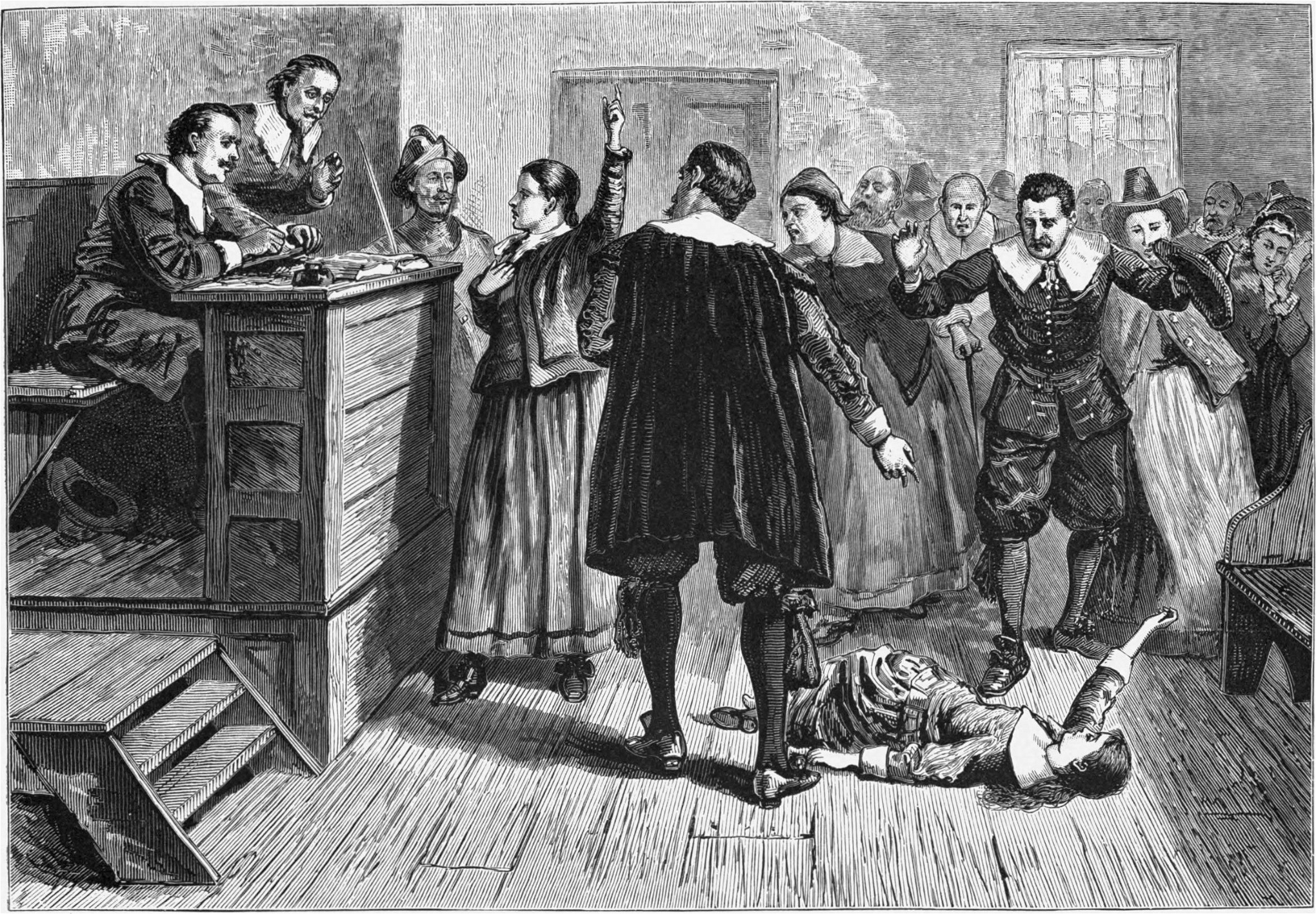 Silvia Federici beskriver 1600-talets häxjakter som ”klimax på statens ingripande mot den proletära kroppen i den moderna eran”. Illustration (1876) av förhörsdomstolen under häxprocesserna i Salem i USA, 1692–1693, där 20 människor avrättades. 14 av dem var kvinnor.