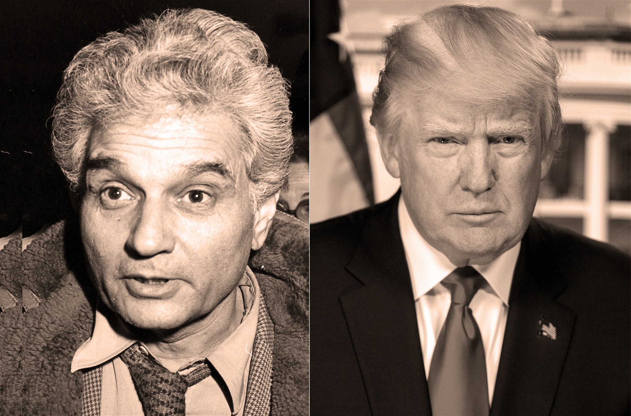 Hur mycket har Jacques  Derridas (t v) kritik av den västerländska metafysiska traditionen egentligen gemensamt med Donald Trumps (t h) faktasyn?