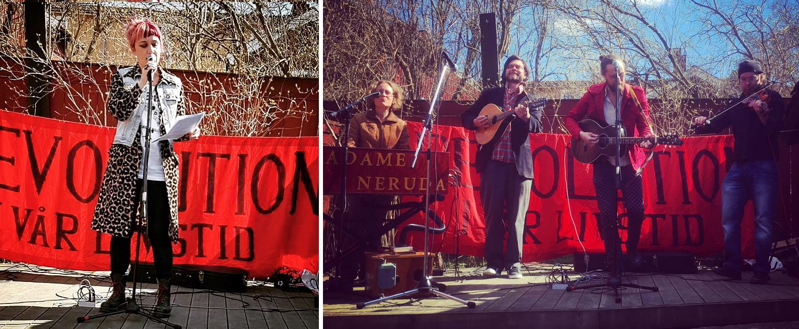 Gävle LS av SAC tågade under parollen Klasskamp-Antifascism-Solidaritet. Årets Joe Hill-prisvinnare Koma Nur Dil och det syndikalistiska folkrockgänget Madame Neruda (bilden till höger) underhöll. Författaren och syndikalisten Anna Jörgensdotter (till vänster) höll tal.