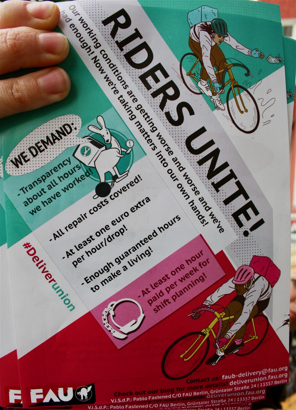 Flygblad för FAU:s kampanj för cykel­buden inom restaurangbranschen.