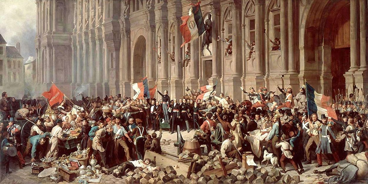 Med februarirevolutionen i Paris 1848 framträder för första gången en klyvning mellan arbetsförhärligande och arbetskritiska socialister. Målning av Henri Félix Emmanuel Philippoteaux.