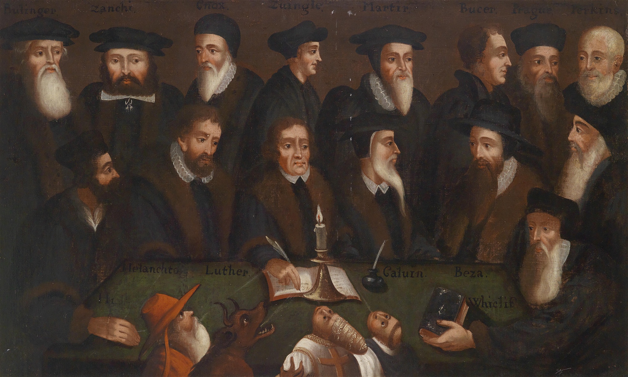 Om det är någon som kan sägas representera den protestantiska etiken i dess mest utpräglade form så är de flesta överens om att det är Jean Calvin. Reformatorerna – tysk 1600-talsmålning. Luther och Calvin i mitten.