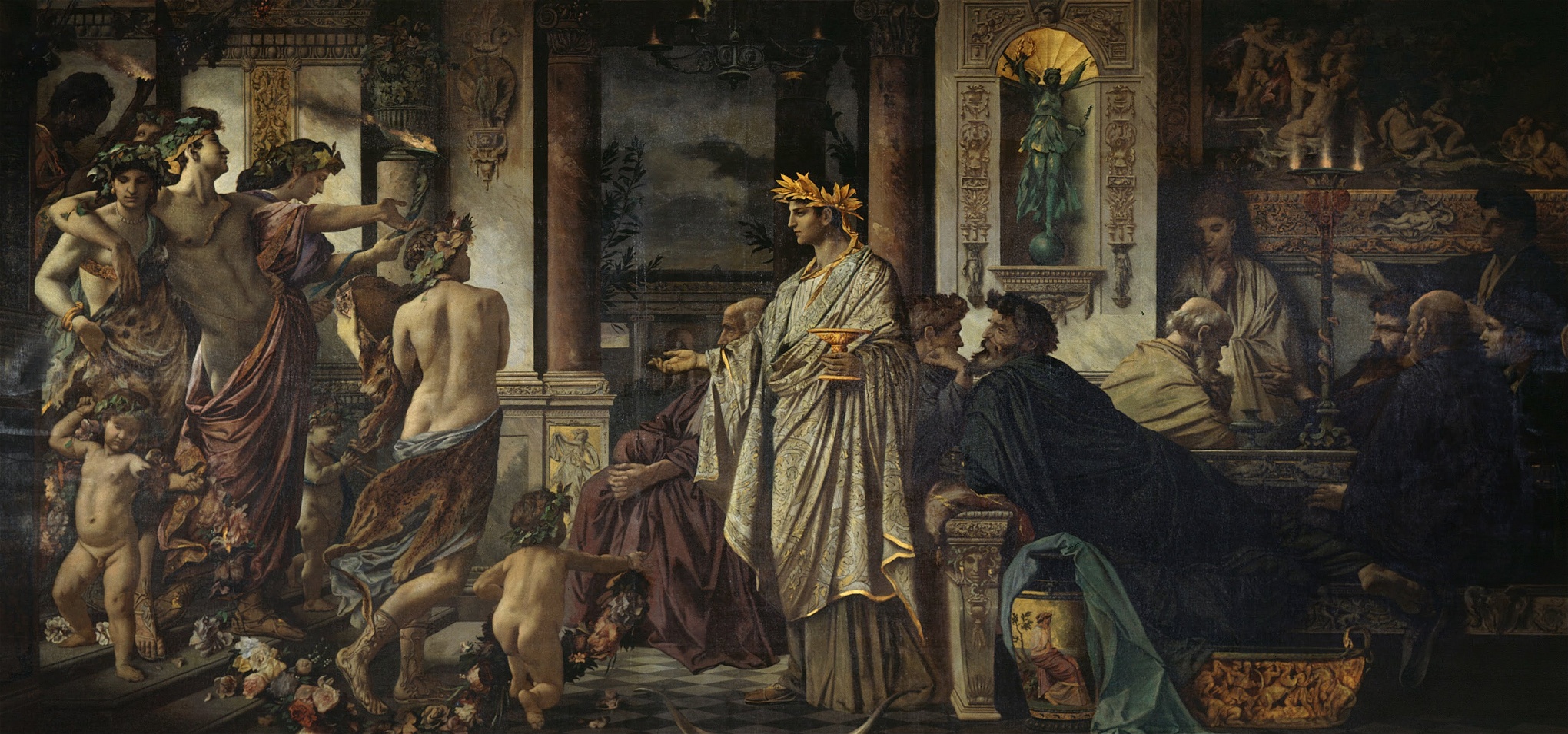 Platon och Aristoteles värderar filosofin, i vid bemärkelse, högre än allt annat. Den mest hotande distraktionen från den var arbetet. Målningen ”Platons symposion” av Anselm Feuerbach från 1873.