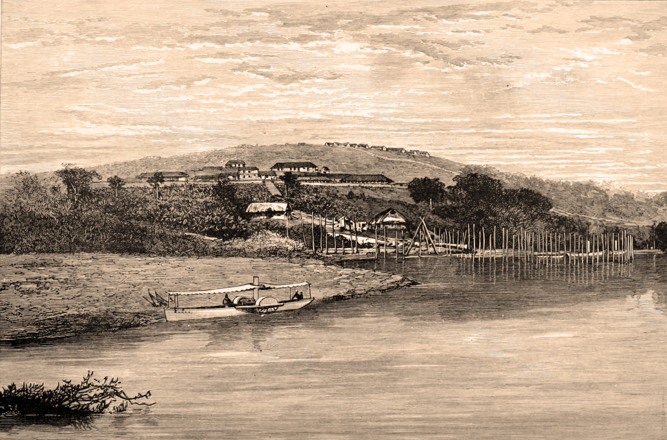 Léopoldville (nuvarande huvudstaden Kinshasa) avbil­dad i H.M. Stanleys bok The Congo and the founding of its free state; a story of work and exploration (1885). 