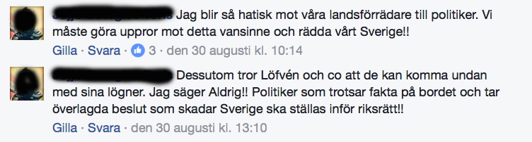 Kommentarer på Facebook skrivna av polismannen.