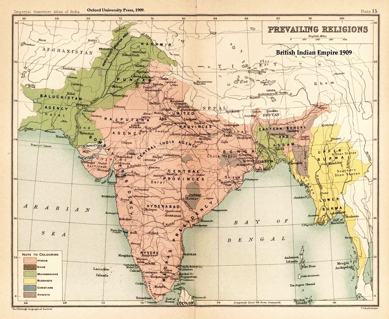 Religiösa majoriteter i Brittiska Indien enligt en folkräkning 1901. Delningen av territoriet kom i grova drag att följa var det var hinduistisk
befolkningsmajoritet (markerat i rosa) respektive muslimsk (grönt).