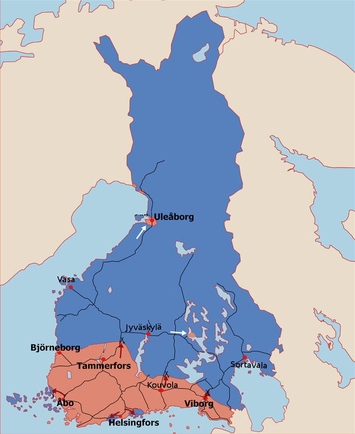 Vid krigets början kontrollerade den röda sidan huvuddelen av de industrialiserade
storstadsregionerna i södra Finland.