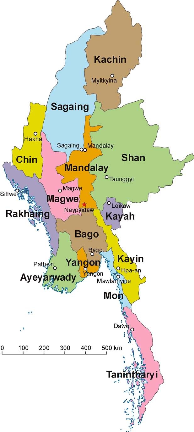 Burma. Namnformen Rakhaing används här för delstaten Rakhine.