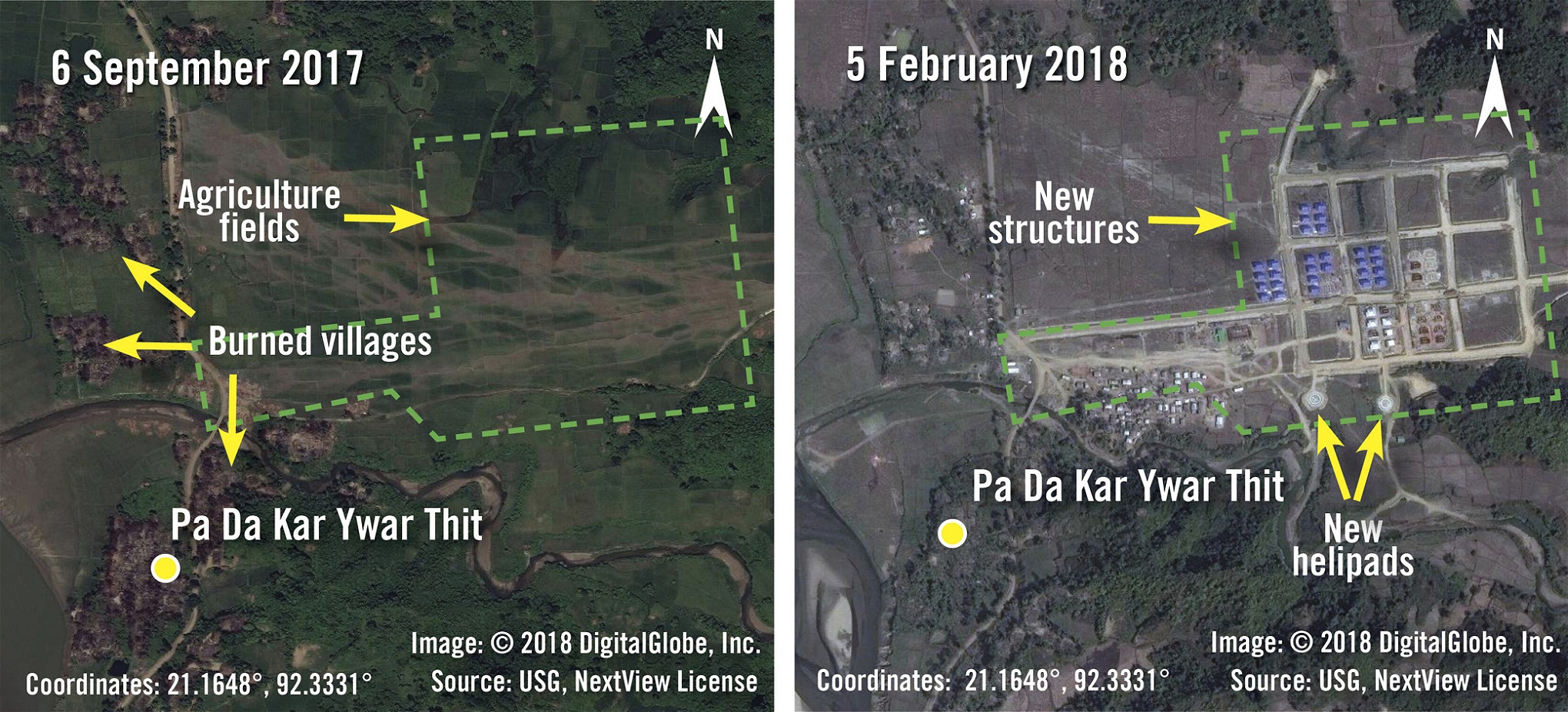 Dessa två satellitbilder, som Amnesty International släppt, visar byn Pa Da Kar Ywar Thit i Rakhine i september 2017 respektive februari 2018. På den högra, nyare bilden syns hur byggnader och helikopterplattor uppförts på det som tidigare varit jordbruksmark – något som, tillsammans med ögonvittnesskildringar, tolkats som att området i snabb takt försetts med
militäranläggningar efter att rohingyerna fördrivits och deras byar bränts.