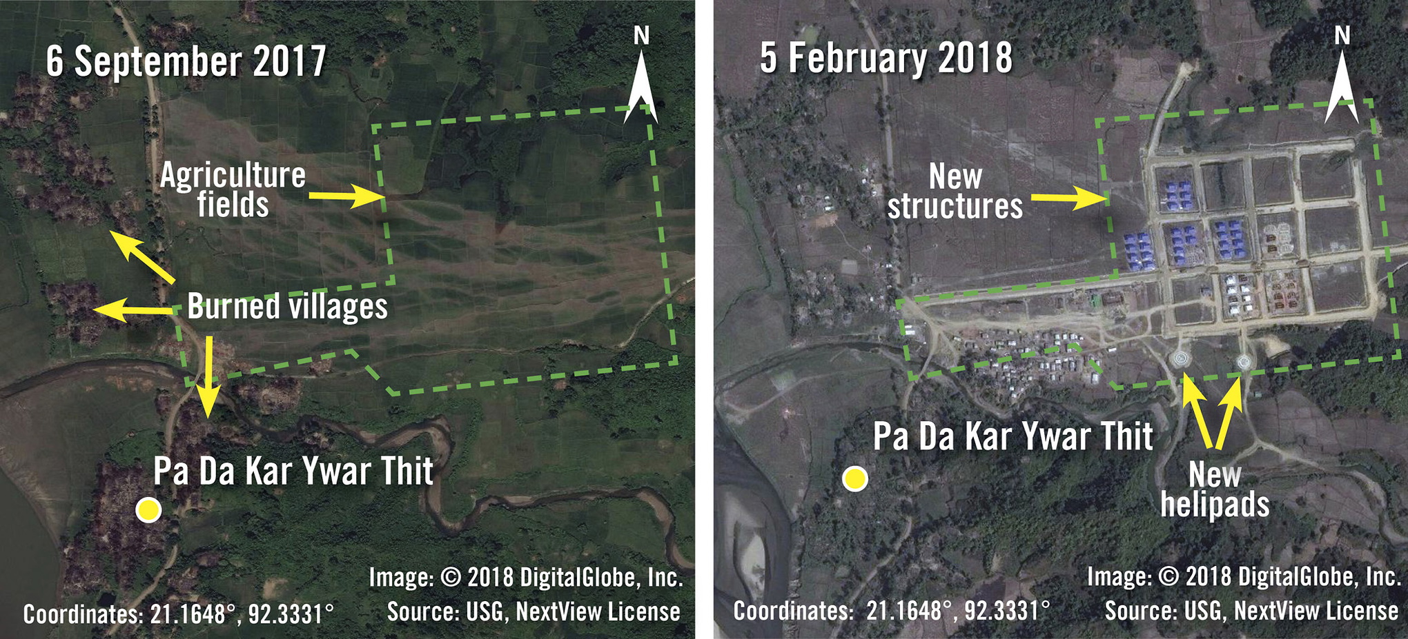 Dessa två satellitbilder, som Amnesty International släppt, visar byn Pa Da Kar Ywar Thit i Rakhine i september 2017 respektive februari 2018. På den högra, nyare bilden syns hur byggnader och helikopterplattor uppförts på det som tidigare varit jordbruksmark – något som, tillsammans med ögonvittnesskildringar, tolkats som att området i snabb takt försetts med
militäranläggningar efter att rohingyerna fördrivits och deras byar bränts.