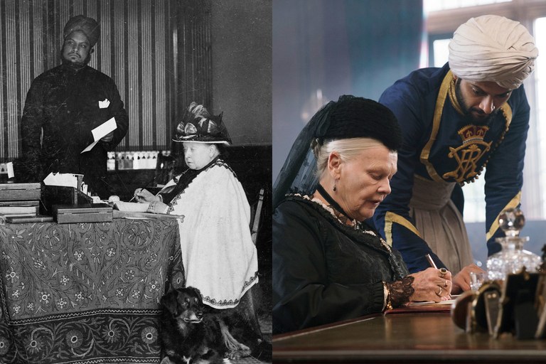 Till vänster drottning Viktoria och Abdul Karim. Fotot är taget på det skotska slottet Balmoral på 1890-talet.
   Till höger en bild ur Stephen Frears film Victoria & Abdul (2017), med Judi Dench som Viktoria och Ali Fazal som Abdul Karim.