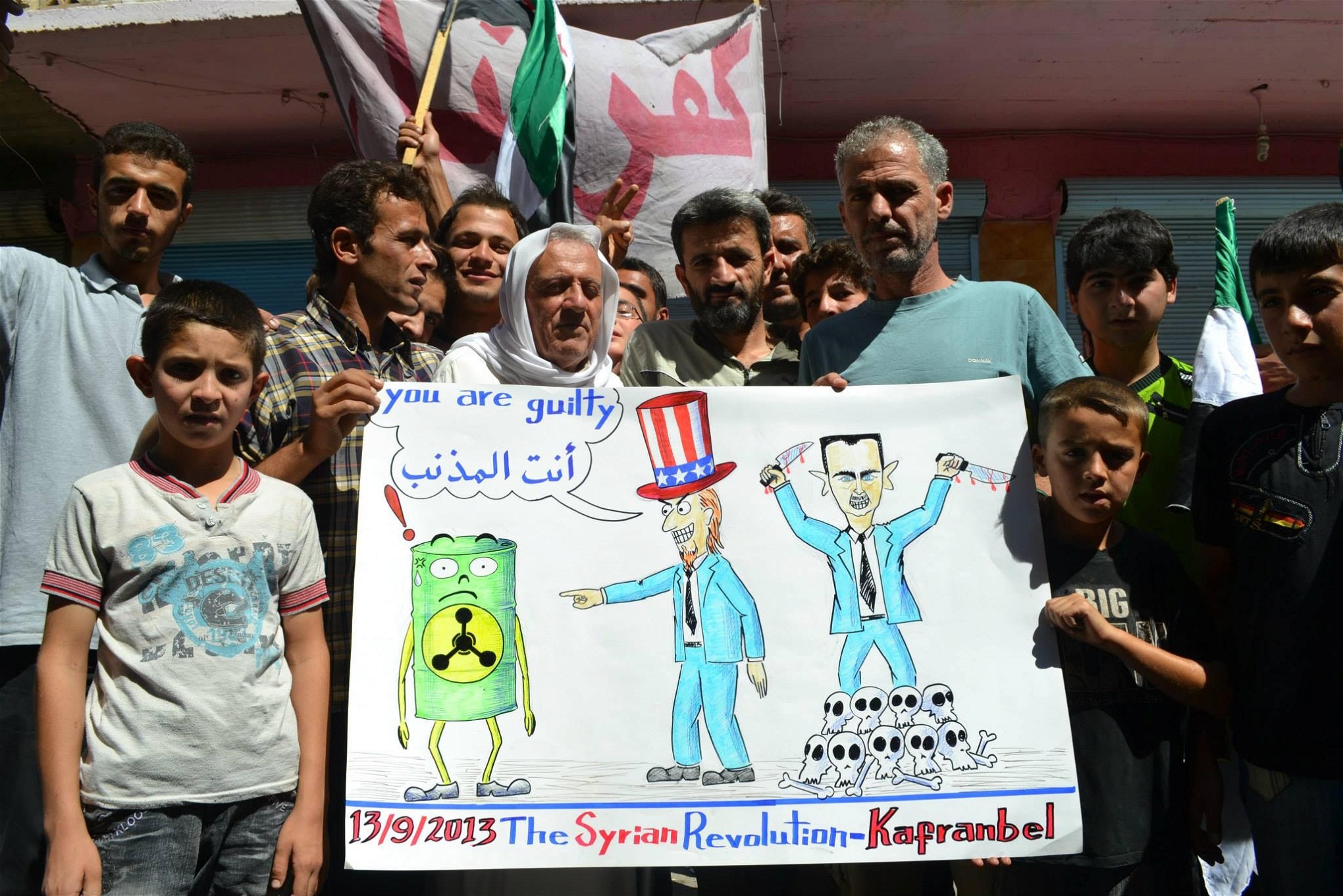 Aktivister i den syriska staden Kafranbel efter saringasattacken 2013.