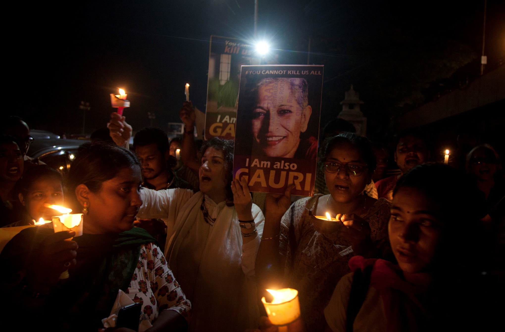 Manifestation i Hyderabad, Indien, i september 2017 till minne av den mördade journalisten Gauri Lankesh.
