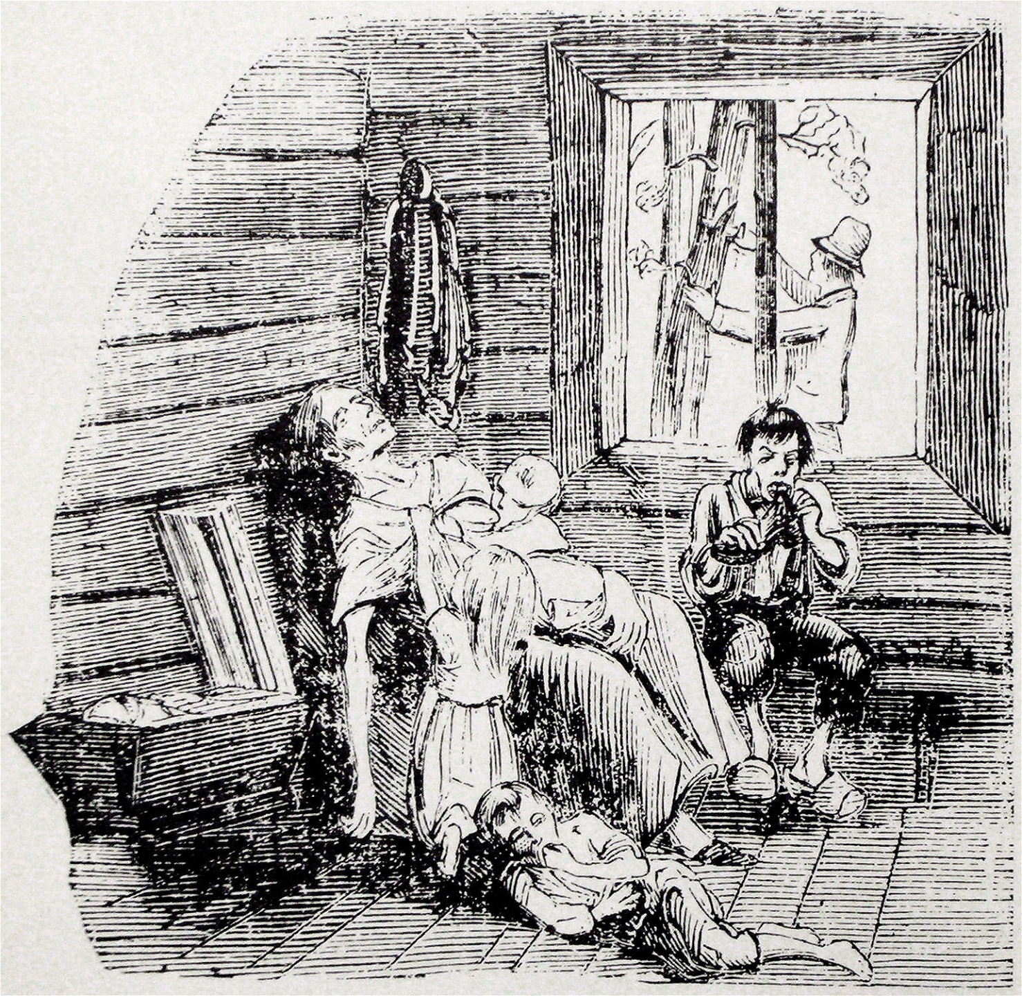 Illustration av svälten i Norrland ur tidningen Fäderneslandet år 1867. En moder ligger döende medan sonen äter på en känga och en man täljer bark från trädet utanför.