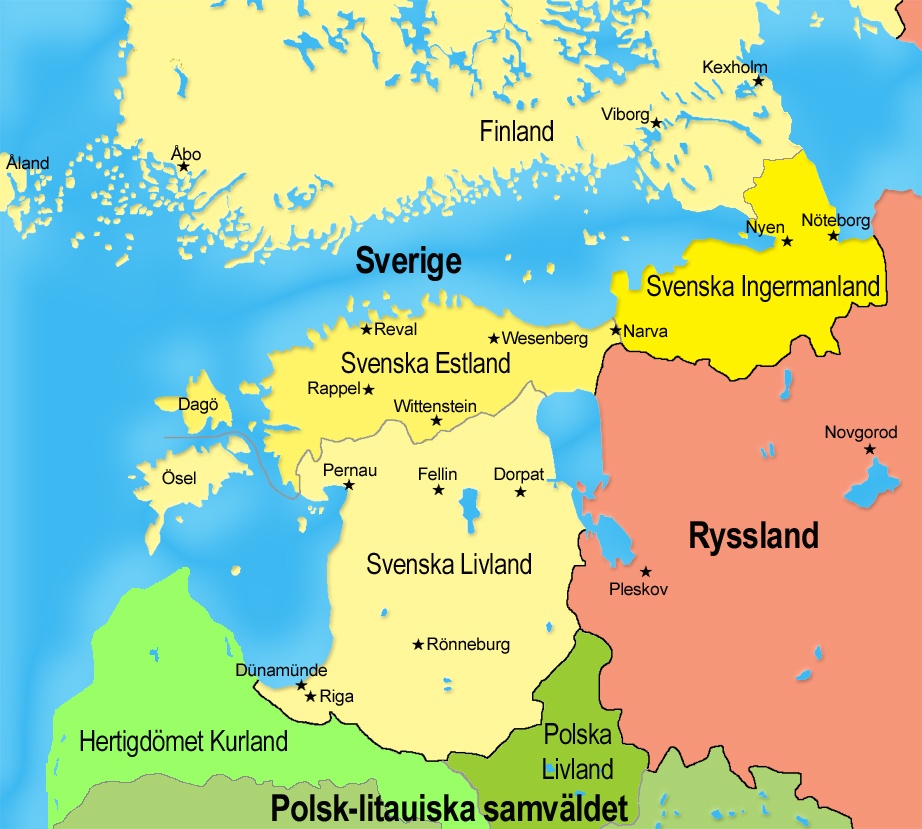 I det stora nordiska kriget, som bröt ut år 1700, dog 200 000
svenskar på 20 år. På kartan krigsskådeplatserna i öst med
Sverige i gult, Ryssland i rödbrunt och Polen-Litauen i grönt.