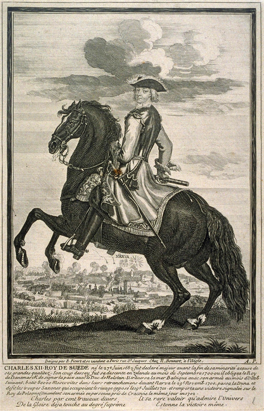 Karl XII på hästryggen som Bernard Picart framställde honom. Karl XII:s krig tömde statskassan och män flydde hemifrån hellre än att tvångsutskrivas.