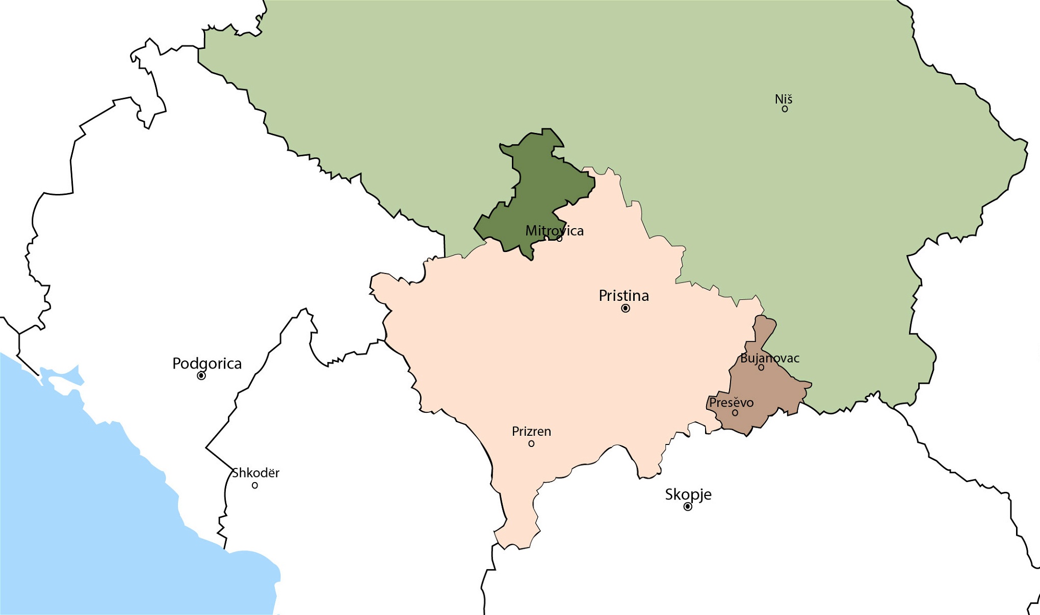 De områden som skulle beröras av nya gränser, med Serbien i norr och Kosovo i söder.