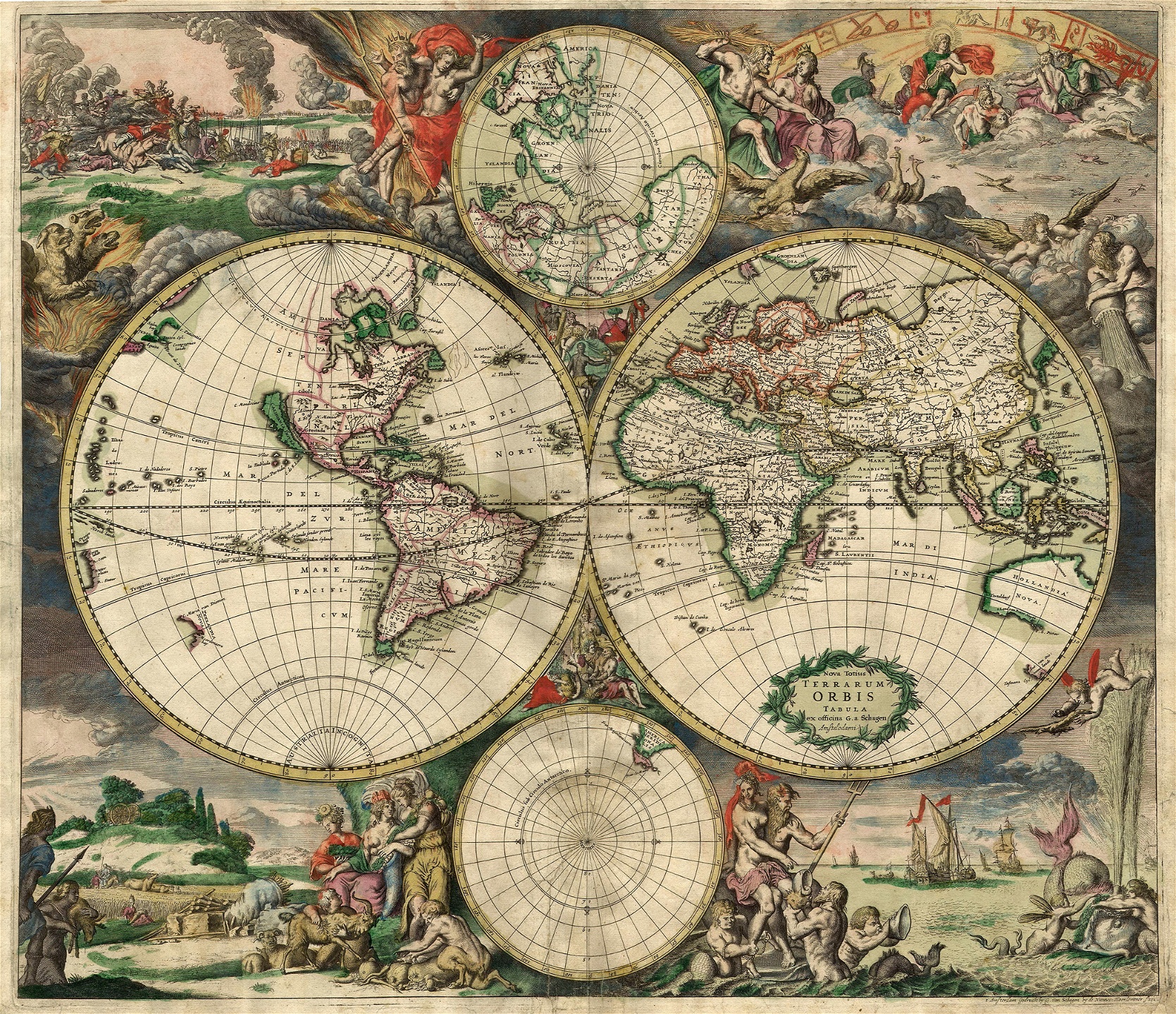 Karta över den nya och gamla världen av nederländaren Gerard vanSchagen från 1689. Axel Andersson visar Atlantvärlden hur desvaga europeiska kolonierna i Amerika under de första 150 åren ständigt var beroende av ursprungsbefolkningarnas goda vilja för sin överlevnad.