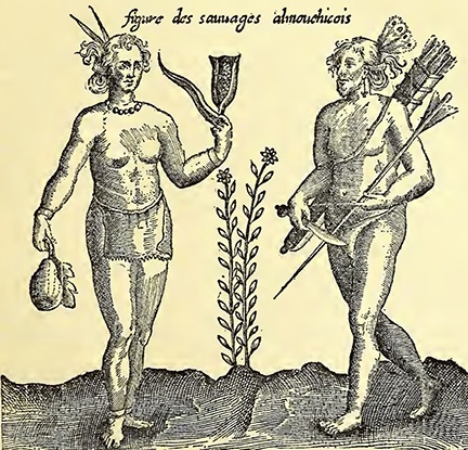 Algonkiner i New England, avbildade av Samuel Champlaiin i Carte Geographique de la Nouelle Franse, 1612. I denna region kom ett av fröna
till den framväxande hybridkulturen att sås.