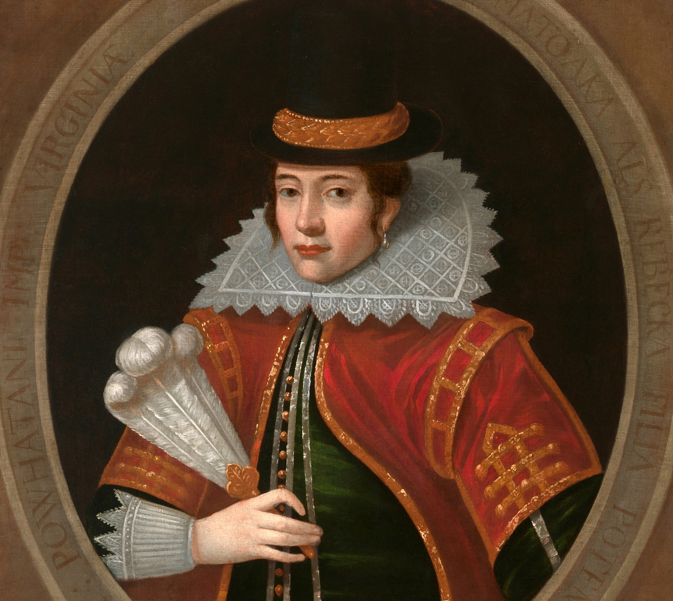 Powhatankvinnan Pocahontas – här avbildad av en okänd porträttmålare – gifte sig med britten John Rolfe, som tog henne till England. Där dog hon 1617.