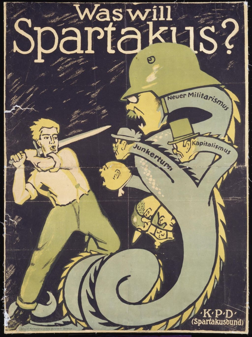 Spartakistaffisch från 1919. Hydrans huvuden står för lantadeln, kapita­lismen och ”den nya militarismen”.