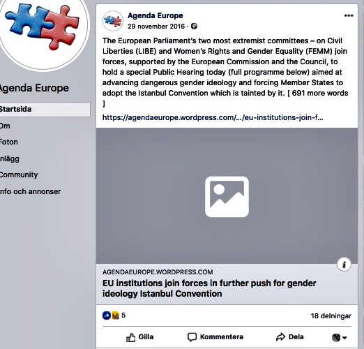 På en Facebook-sida vid namn Agenda Europe postas länkar till blogginlägg. 