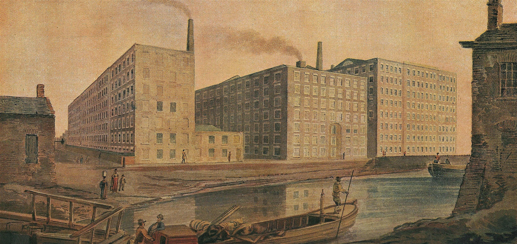 McConnel & Companys bomullsfabrik i Manchester cirka 1820, avbildad i akvarell av okänd upphovsperson. Slaveriets våld och exploatering låg till grund till den brittiska bomullsindustri som vi associerar med 1800-talets industrirevolution.
