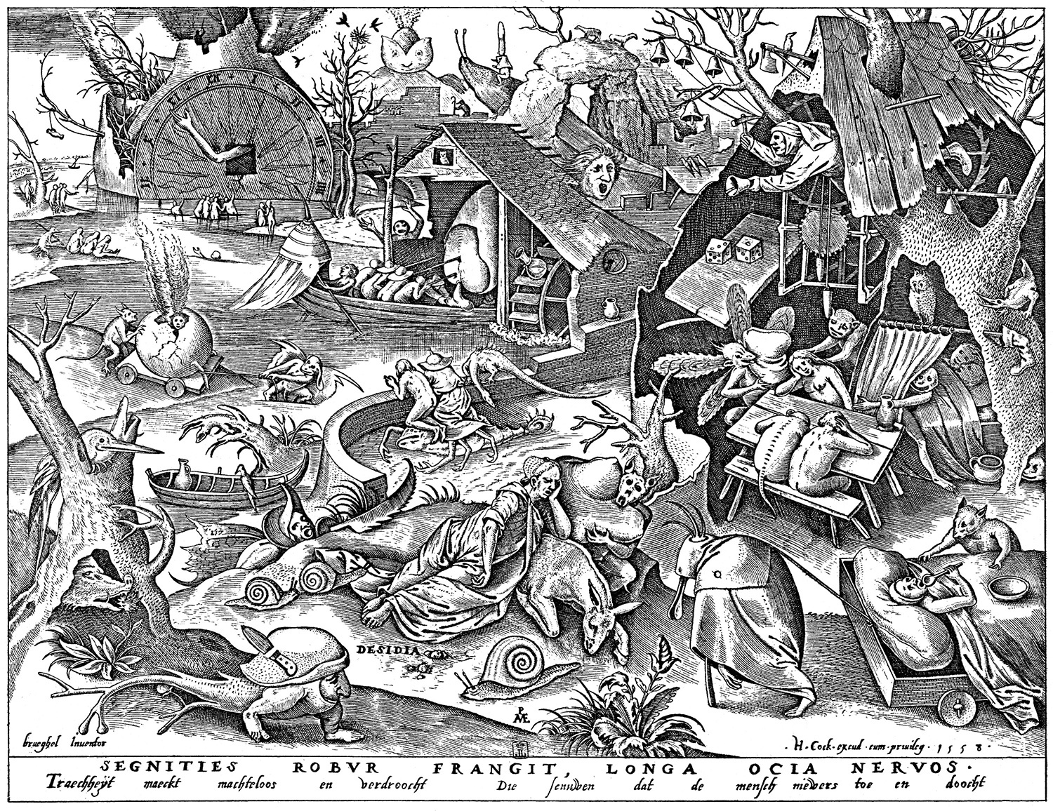 Acedia drabbade ofta munkar och nunnor som i eremitisk isolering inte mötte Gud utan endast en bottenlös dep­ression, vilket ledde till att de slutade sköta sin mest basala hygien. På bilden åkomman såsom Pieter Bruegel den äldre avbildade den 1558, till kopparstick av Hieronymus Cock.