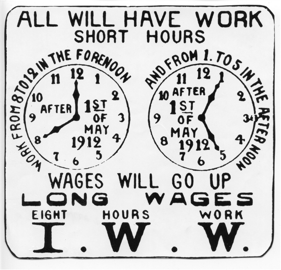 Kampen för kortare arbetsdag pågick vid 1900-talets början över i stort sett hela västvärlden. Affisch för åttatimmarsdag från den USA-baserade fackliga organisationen IWW från 1912.
