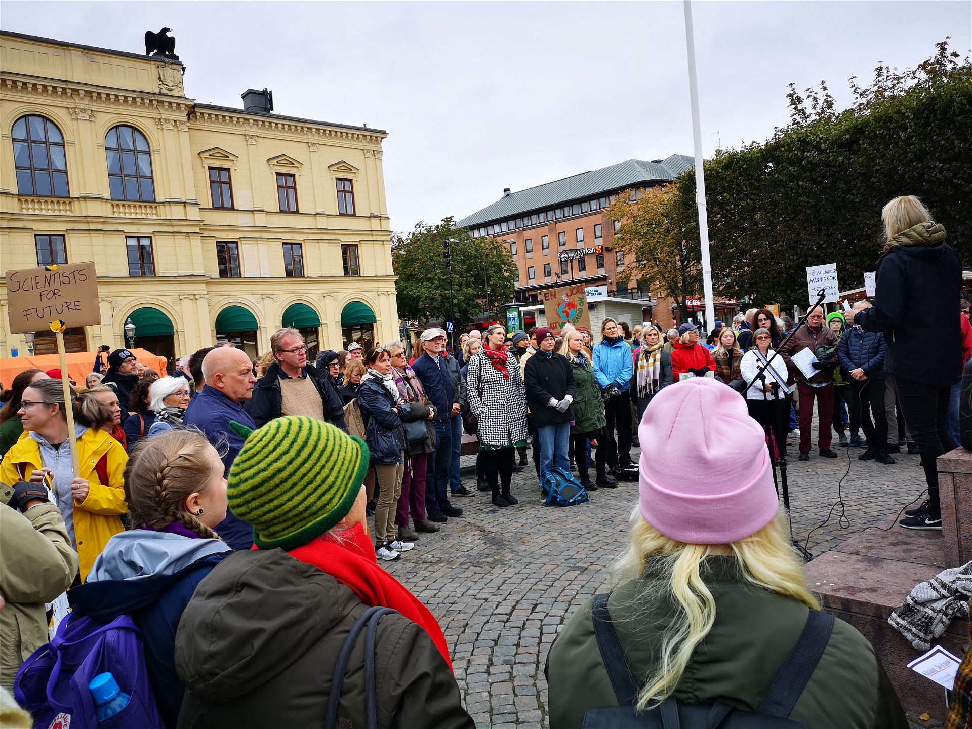 Helén Williams, docent inom miljö- och energisystem på Karlstads universitet, håller tal under demonstrationen.