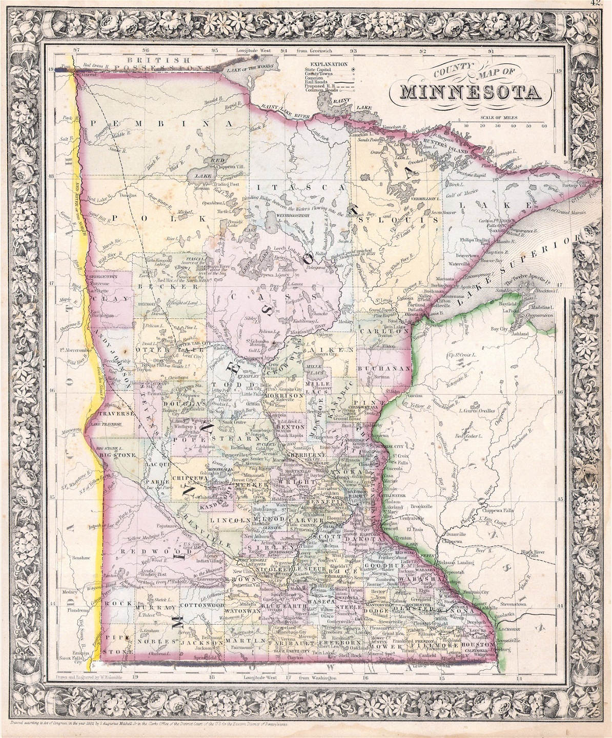 Karta över USA-delstaten Minnesota från 1862. Duluth, dit många finska migranter kom, ligger precis vid spetsen av Lake Superior.