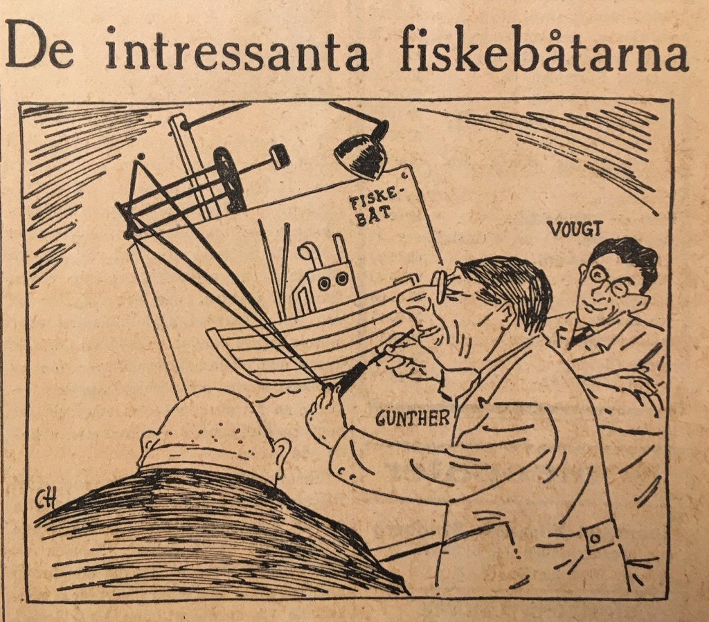 Satirteckning i Arbetaren den 27 mars 1943. Till
höger Allan Vougt, som var chefredaktör för Arbetet
och socialdemokratisk politiker, vid tiden ledamot i
Konstitutionsutskottet och Utrikesnämnden.