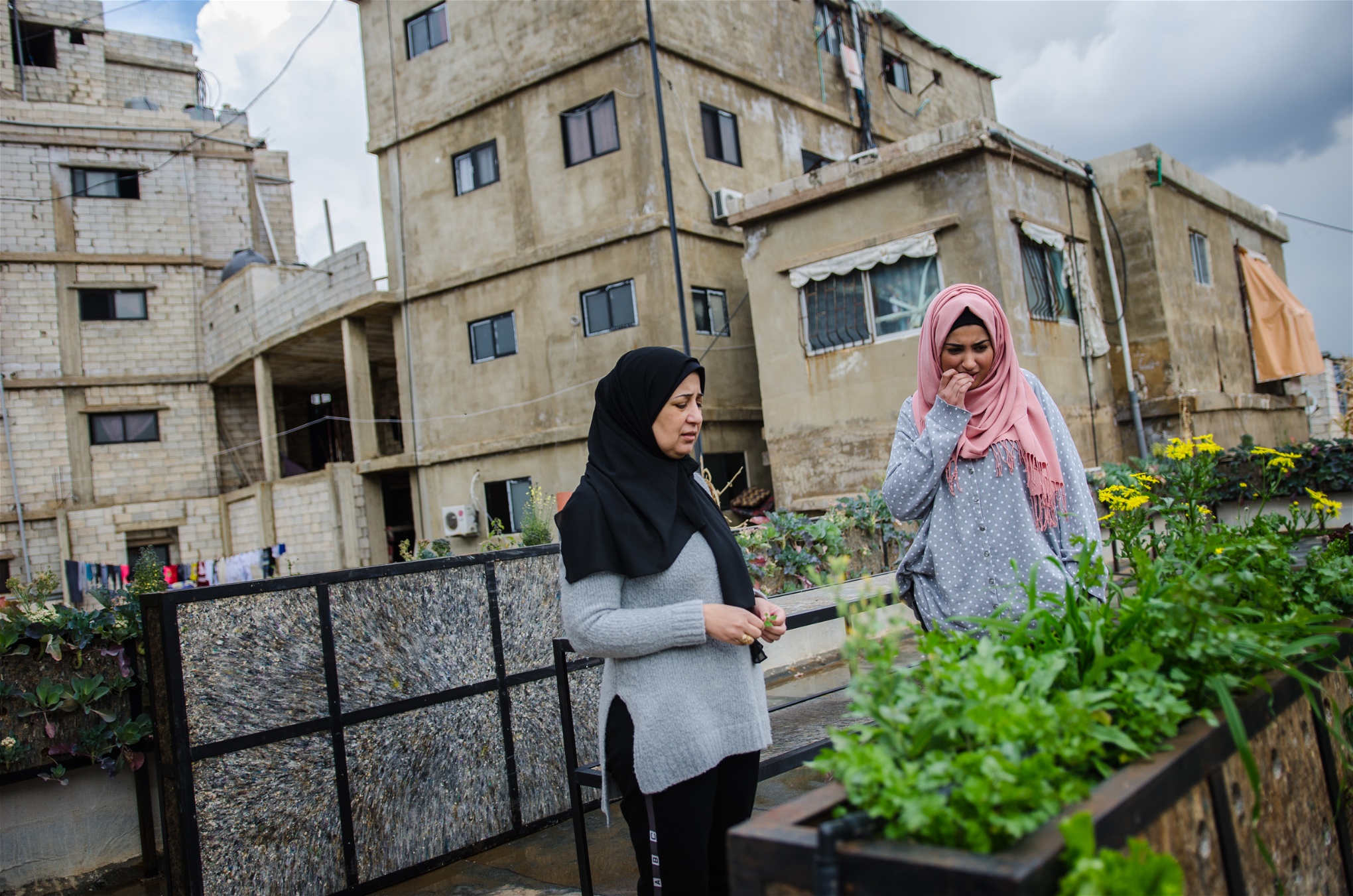 Mariam Shaar och Mariam Issa på takträdgården. Det som odlas används bland annat till matlagning. 