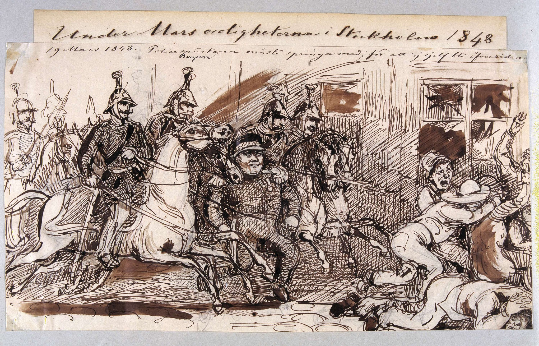 Under Marsoroligheterna i Stockholm 1848. Ridande polis och folkmassa. Fritz von Dardel (1817–1901). Foto: Nordiska museet