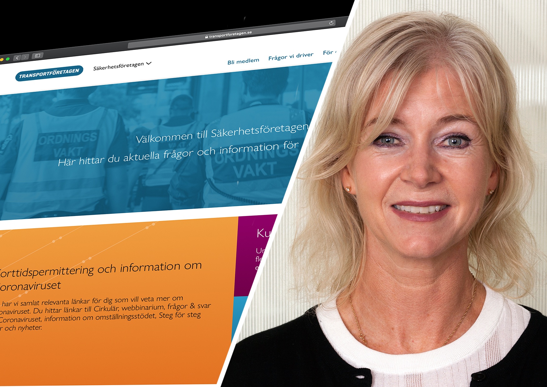 Montage med Ulrika Egervall, förhandlingschef Säkerhetsföretagen och Transportföreningens hemsida.