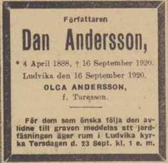 Gammalt tidningsurklipp med dödsannons för författaren Dan Andersson