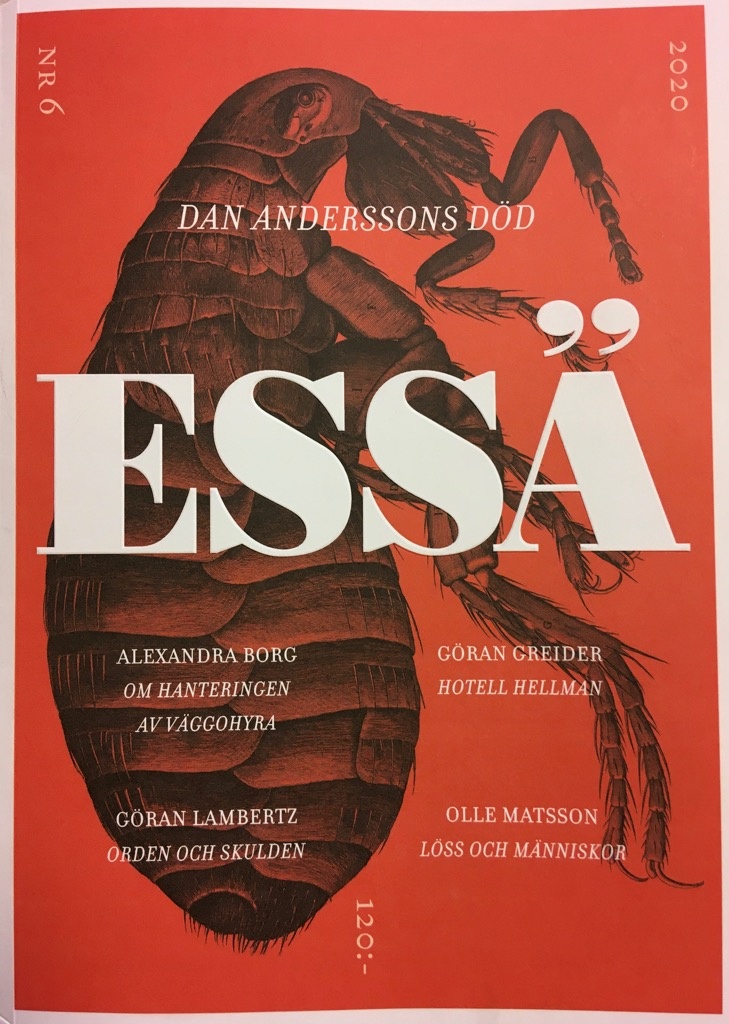 Framsidan till Essä nr 6 är röd med vit text och har en stor detaljerad illustration av en vägglus. Titeln för temat är Dan Anderssons död.