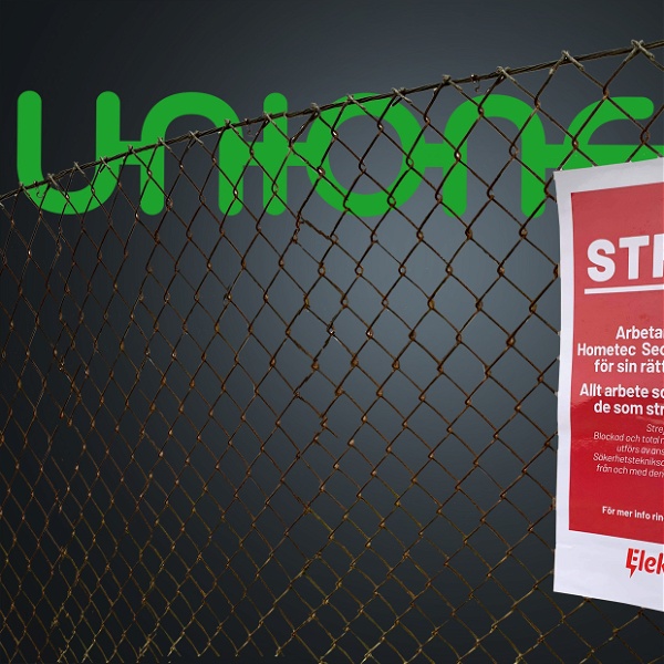 Bildmontage där Unionens logga syns bakom ett staket med en strejkskylt från Elektrikerna framför.