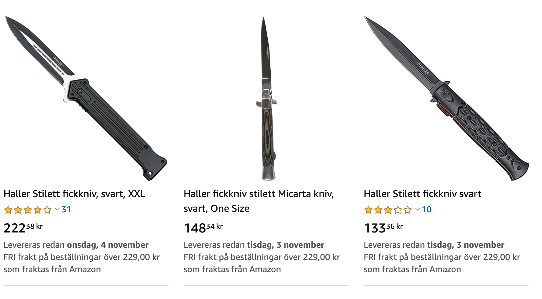 Flera stilettknivar till försäljning på Amazons svenska hemsida. Foto: Skärmdump från Amazon Sverige