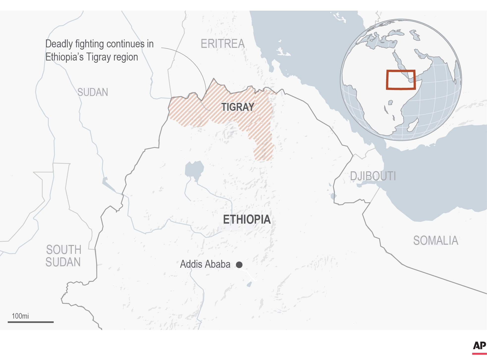 Kartan visar Tigrayregionen där strider pågår. Foto: TT/AP