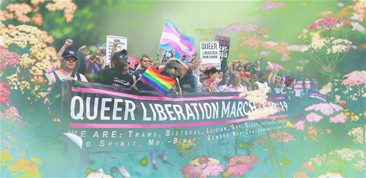 Kollage med en queer liberation-demonstration, blommor och pastellfärger.