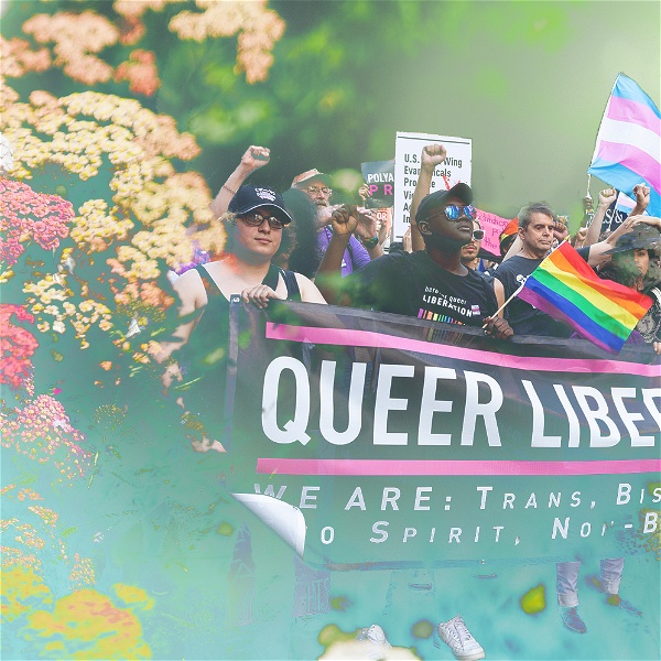 Kollage med en queer liberation-demonstration, blommor och pastellfärger.