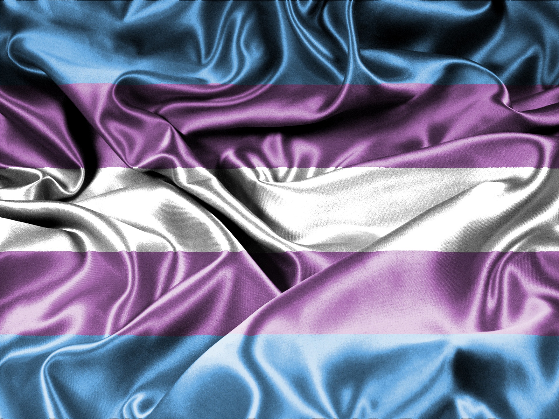 Trans pride-flaggan, som har färgerna ljusblå, rosa och vit i ett glänsande sidentyg.
